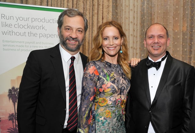 Producer Judd Apatow (nominee for The Darryl F. Zanuck Award for Outstanding Producer of Theatrical Motion Pictures for "The Big Sick"),  Actress Leslie Mann, and GreenSlate's William Baker attend the 29th Annual Producers Guild Awards supported by GreenSlate at The Beverly Hilton Hotel on January 20, 2018 in Beverly Hills, California. (Photo by John Sciulli/Getty Images for GreenSlate)