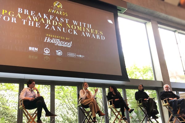 Ahead of the PGA Awards ceremony, nominees for the Darryl F. Zanuck Award – Todd Black, Philippe Rousselet, Mary Parent, Tim White, Sara Murphy, Tanya Seghatchian, Julie Oh, and Steven Spielberg – took the stage for a panel discussion at the PGA’s breakfast event.